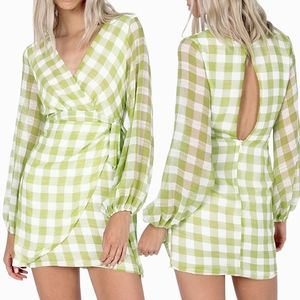 Princess Polly Sylas Green White Plaid Mini Wrap Dress Long Sheer Sleeves Size 4
